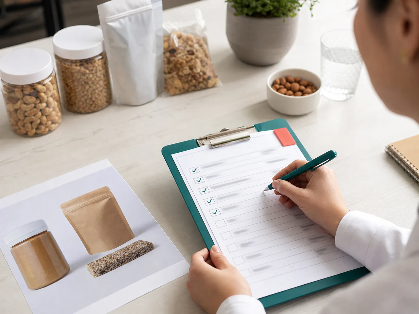 Checklist de rotulagem sendo conferido ao lado de produtos alimentícios