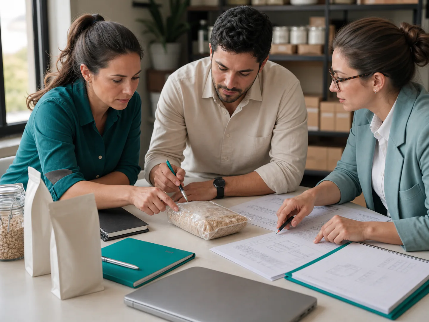 Equipe revisando produto alimentício com documentos técnicos