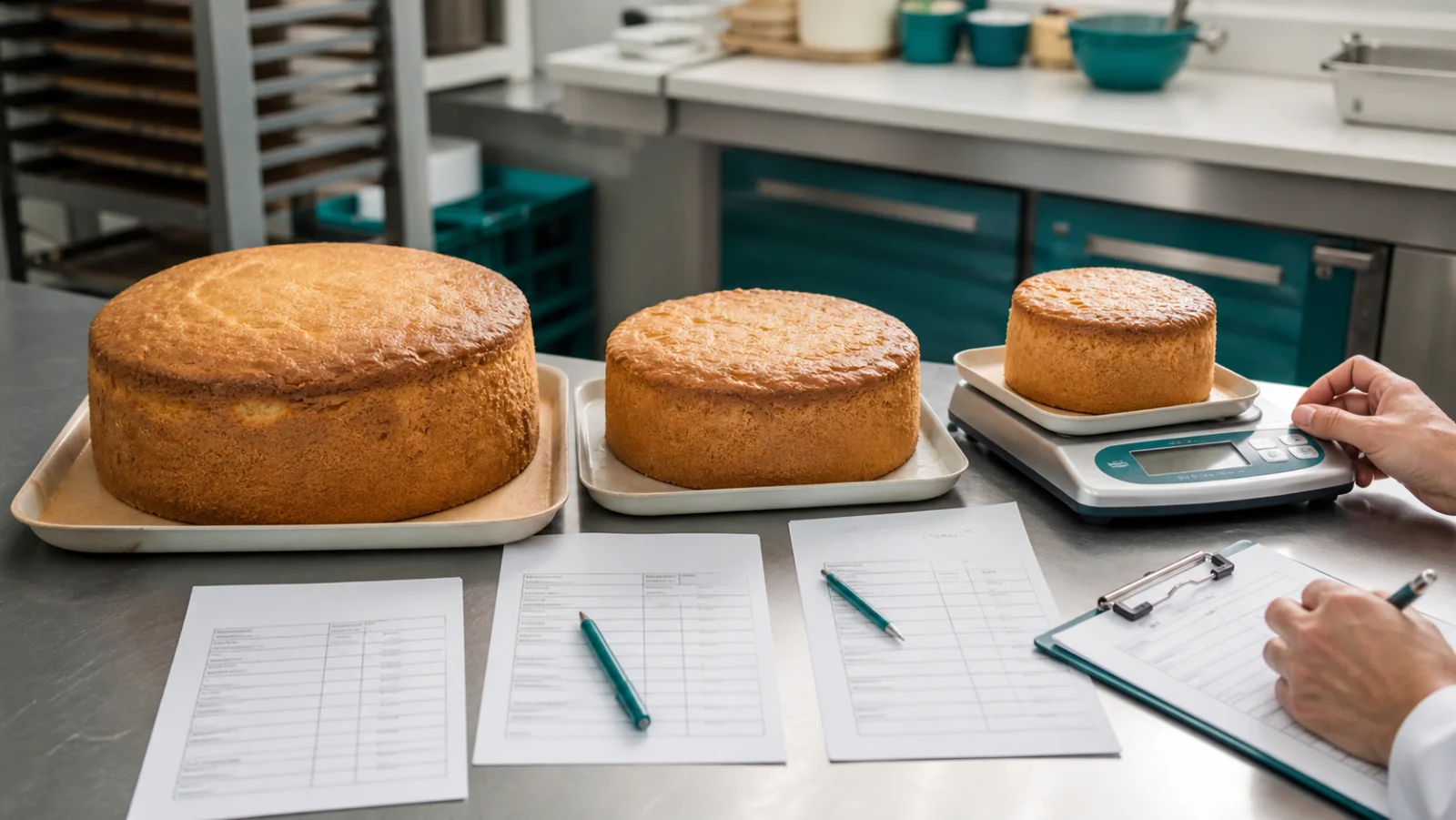 Três tamanhos de bolo sendo comparados com balança e fichas técnicas em uma cozinha de produção