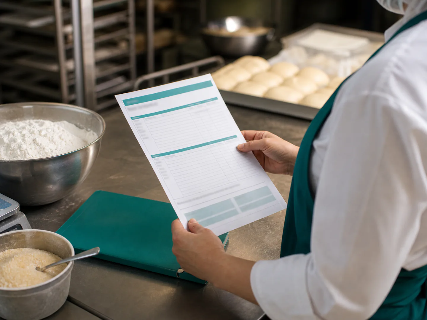Equipe de produção usando ficha técnica em bancada de padaria