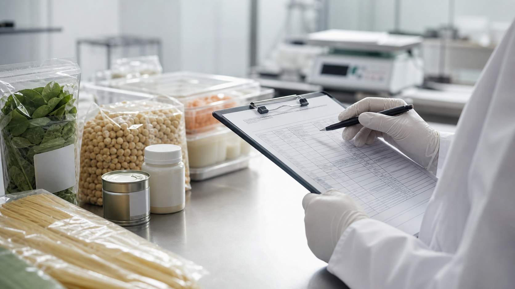 Mesa técnica com produtos embalados e revisão de ficha técnica