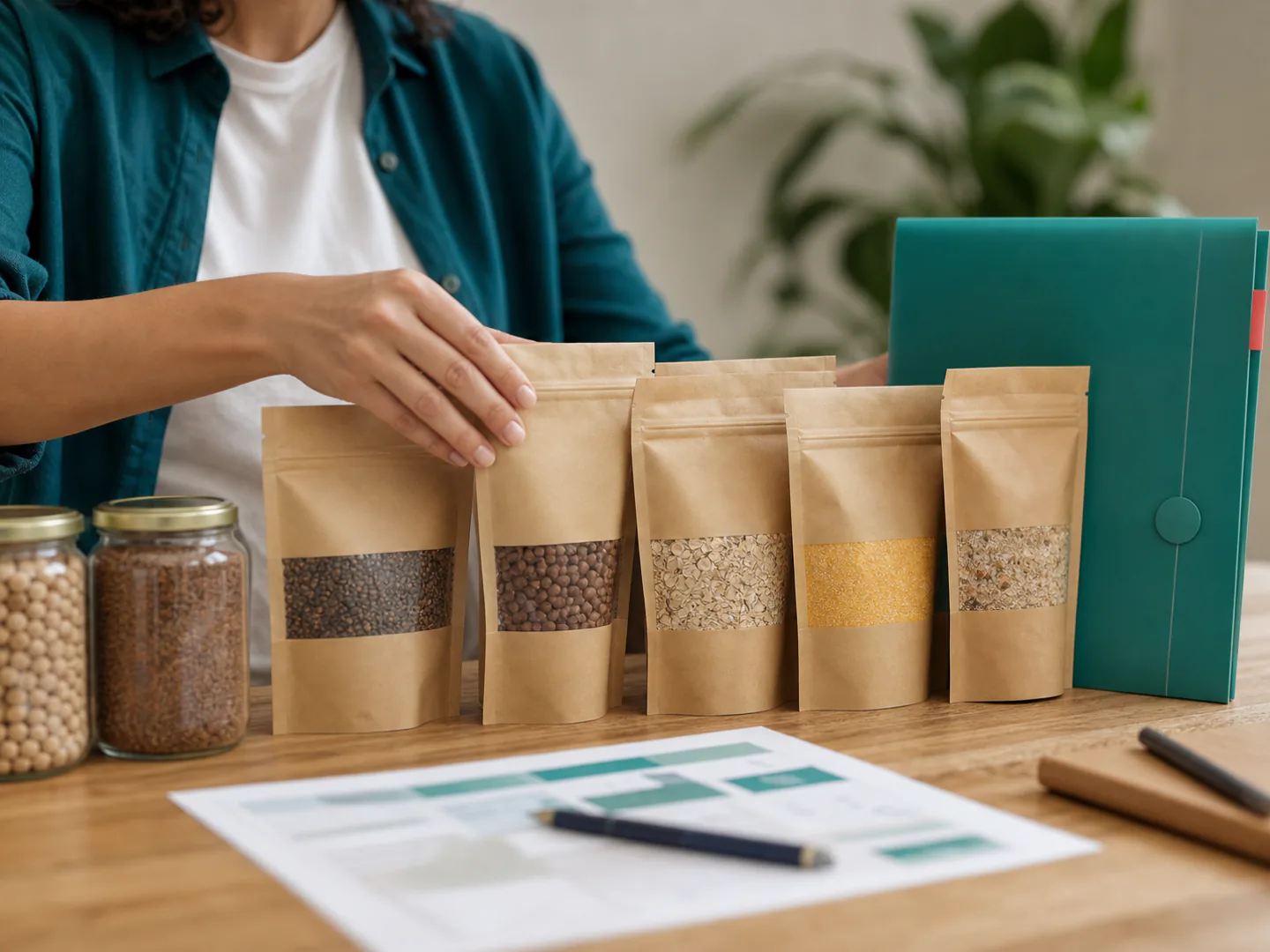 Linha de produtos alimentícios organizada em embalagens neutras