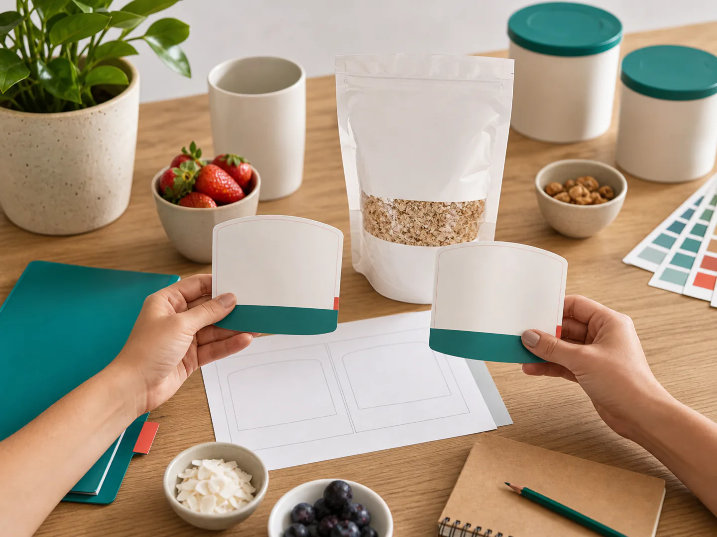 Opções de rótulo sem texto sendo comparadas para produto alimentício