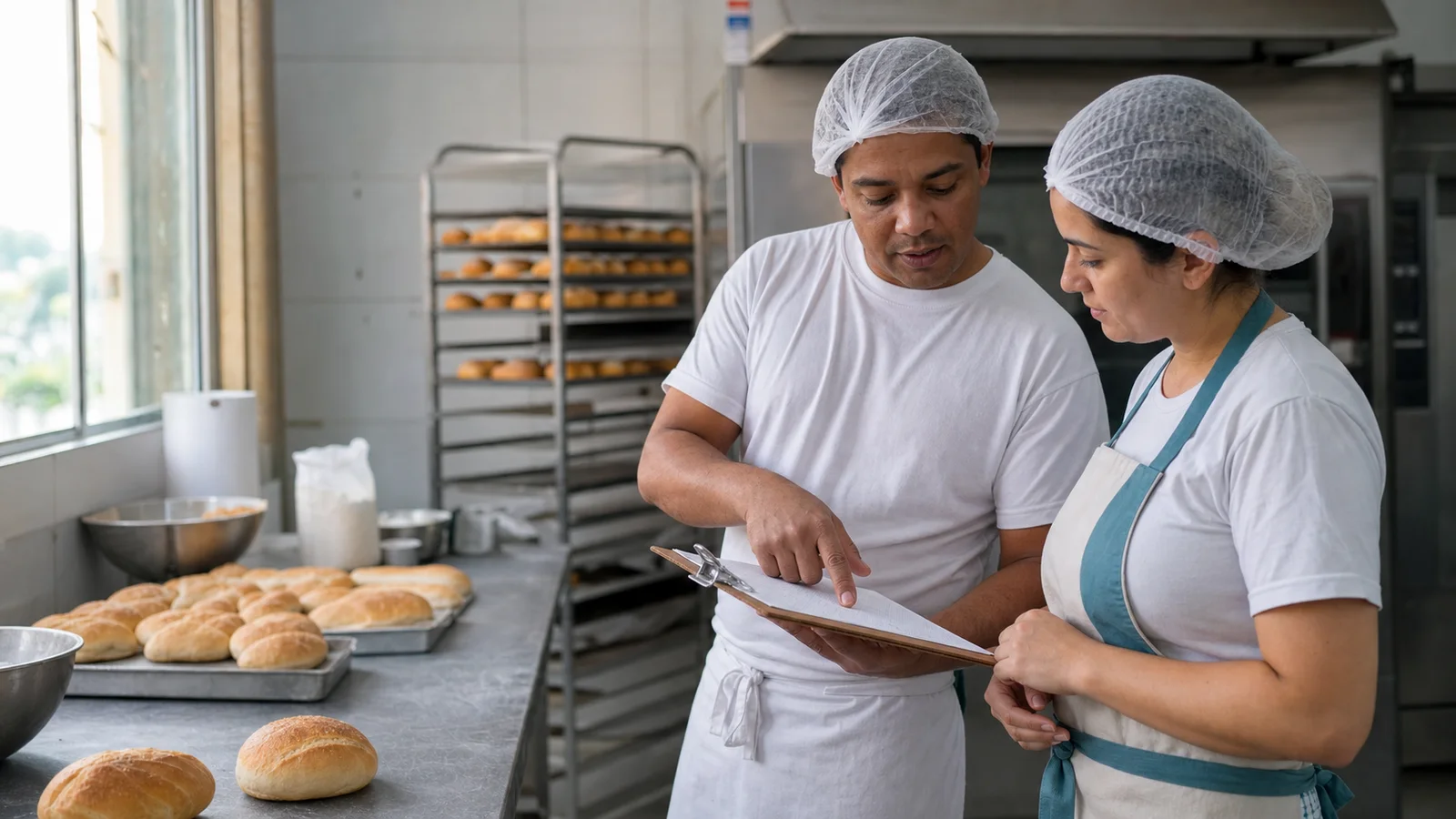 Duas pessoas da equipe de uma padaria conferindo o registro da produção