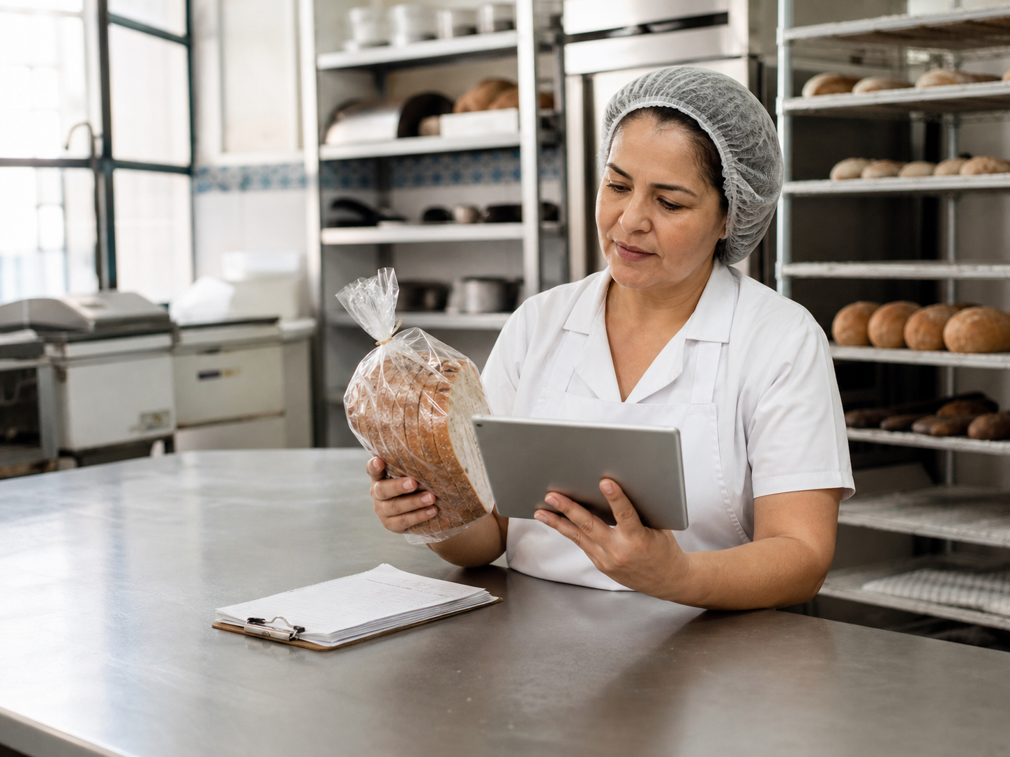 Responsável por uma padaria analisando um produto embalado, um registro de produção e uma mensagem no tablet