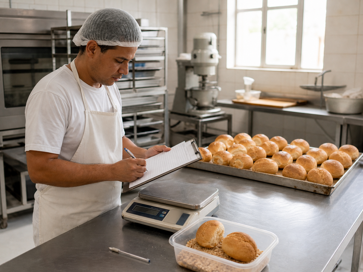 Profissional de padaria registrando produção ao lado de balança, pães prontos e unidades separadas para análise
