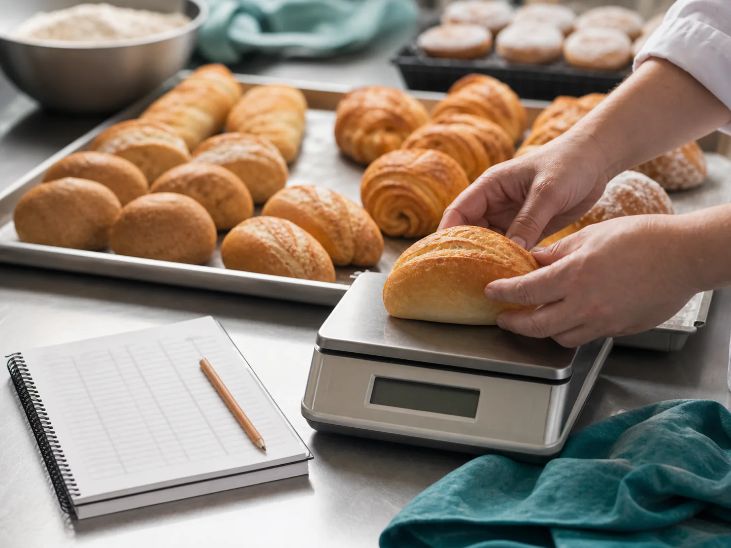 Pão sendo pesado para conferir rendimento real da produção